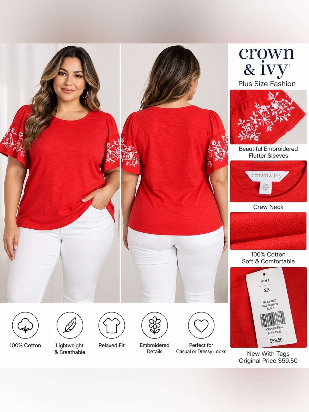Crown & Ivy Plus 2X Red Embroidered Flutter Sleeve Top NWT